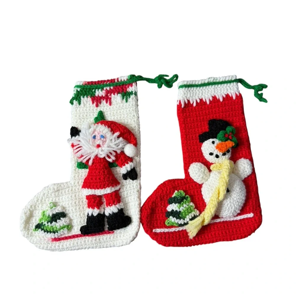 Vintage‎ Crochet 3d Dimensional Christmas Stockings 12 1/2 inches lot of 2 santa